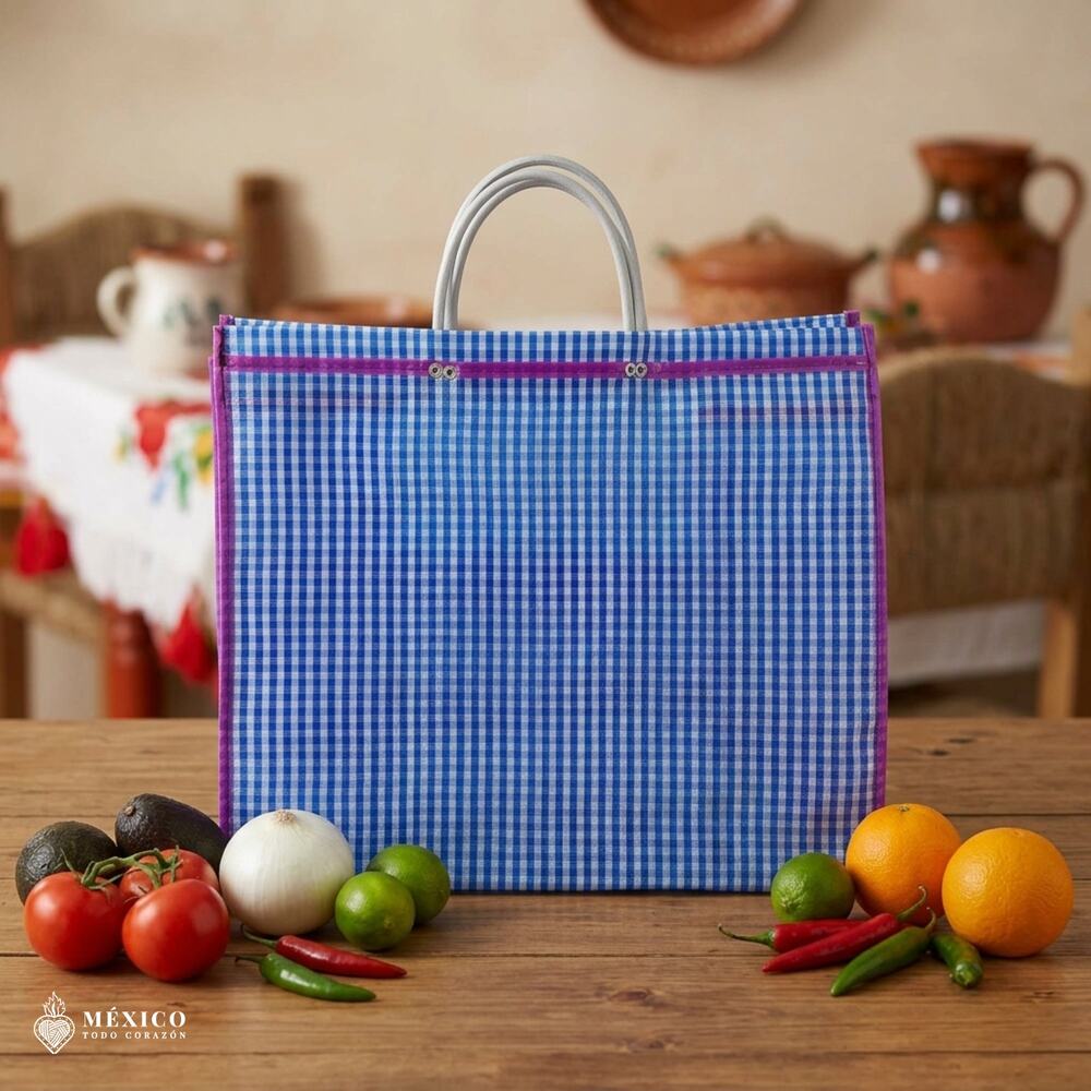 Traditional Mexican Mercado Tote Bag – Colorful Reusable Plastic Market Bag